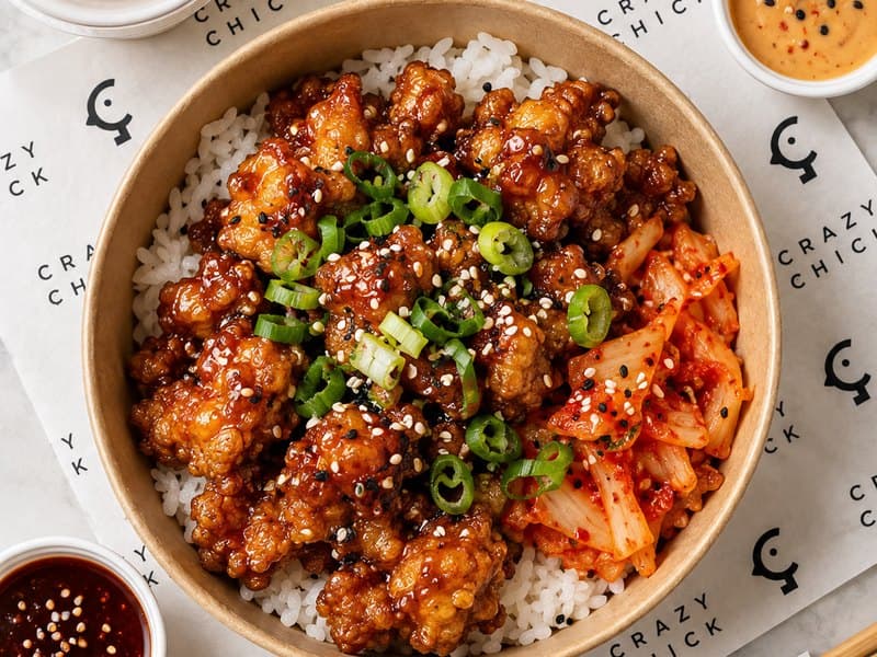 Korean fried chicken on rice with kimchi and two dips